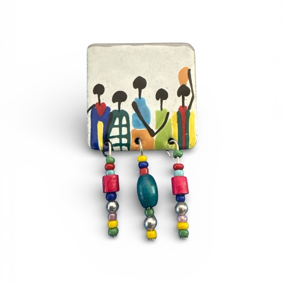 Handmade Jewelry - Ethnic Abstract Brooch w/ Wood & Seed Beaded Dangles/ Tassels - Articulated